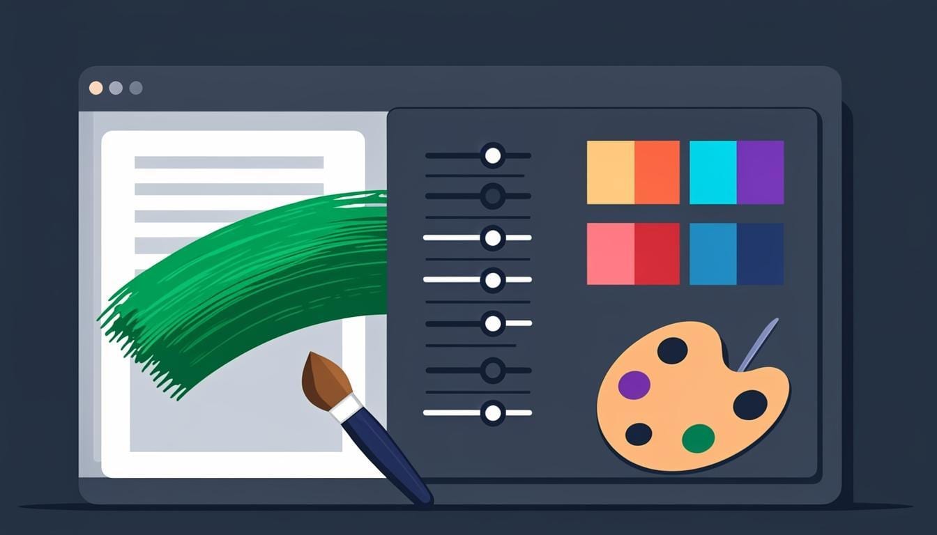 An illustration of style controls — color swatches, sliders and a paint palette — restyling a web page preview