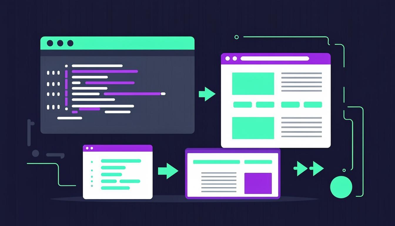 Browser window showing an HTML code editor next to a live website preview