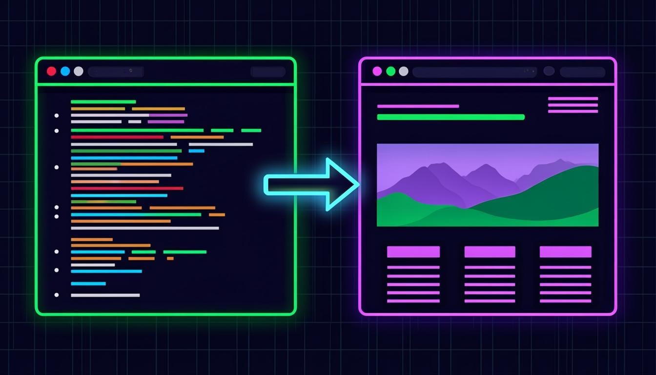 Split-screen illustration of a code editor on the left and a live web page preview updating on the right